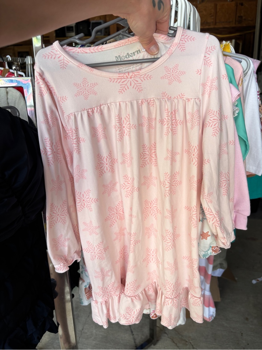 Girl's Light Pink Snowflake Nightgown with Ruffle Hem
